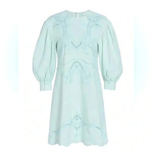 NWT See By Chloé Embroidered Puff Sleeve Mini Dress Autumnal Mint Blue Size 10
